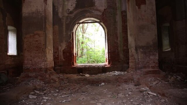 Mysterious mystical interior of an abandoned church, a dark gloomy building, the ruins of a church