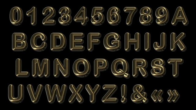 Gold alphabet. 3d. Volumetric rounded font playing with gold. Animated letters to be assembled into an inscription.