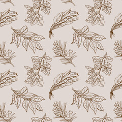 Fototapeta premium Seamless pattern with herbs and spices drawn from the steering wheel with ink lines in the style of doodle sketch. Vector illustration can be scaled to any size. Suitable for kitchen fabrics, paper