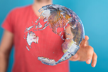 Communication technology global world network concept. Connection lines Around Earth Globe, Motion of digital data flow