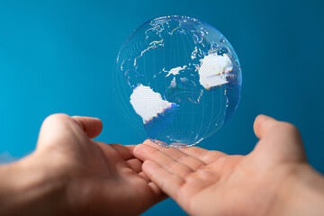 Communication technology global world network concept. Connection lines Around Earth Globe, Motion of digital data flow