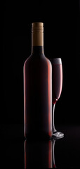 Moody, dramatic image of wine bottle and wine glass shot on black .