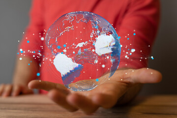 Communication technology global world network concept. Connection lines Around Earth Globe, Motion of digital data flow