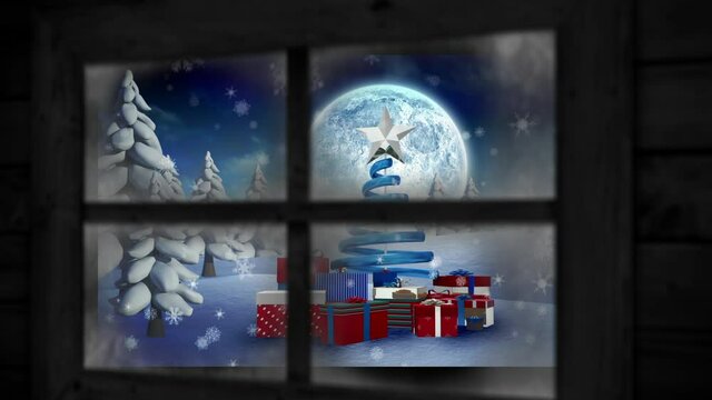 Animation of snow falling over christmas tree and presents in winter scenery seen through window