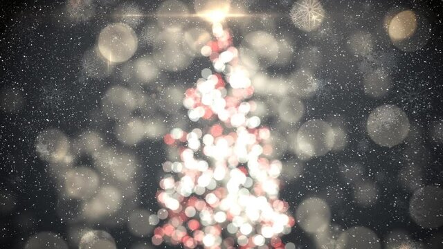 Animation of snow falling over christmas tree with spotlight background