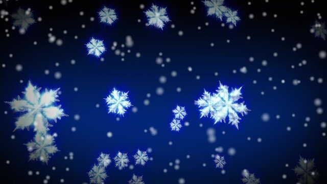 Animation of snow falling over christmas snowflakes on blue background