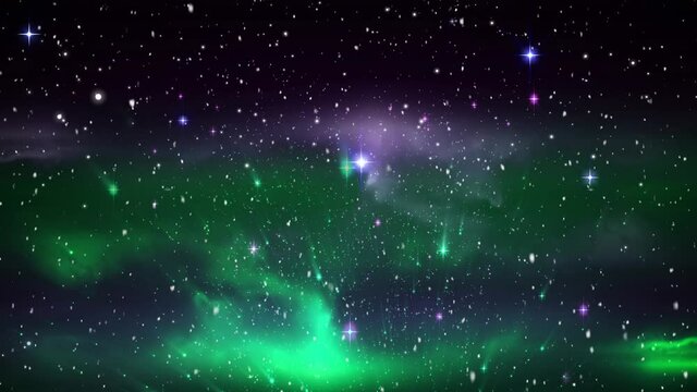Animation of snow falling over winter aurora borealis in background