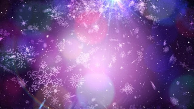 Animation of snow falling over christmas snowflake pattern in background