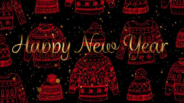 Animation of new year greetings over christmas jumper and hat pattern in background