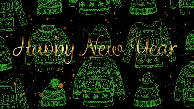 Animation of new year greetings over christmas green jumper and hat pattern in background