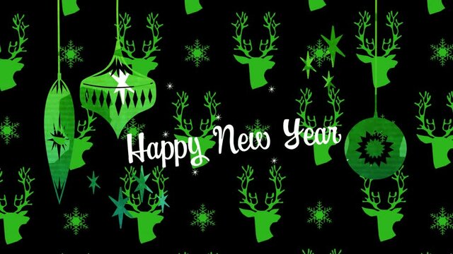Animation of new year greetings over christmas green baubles and reindeer pattern in background