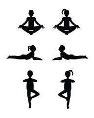 Children practice yoga, dark silhouettes on a white background. Vector illustration.