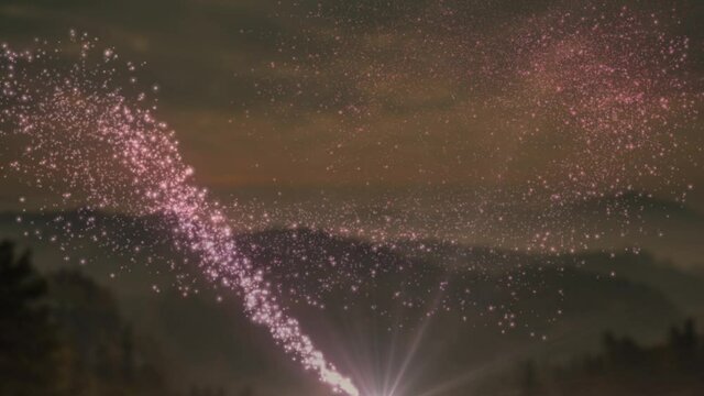 Animation of shooting star and snow falling over mountains on brown background