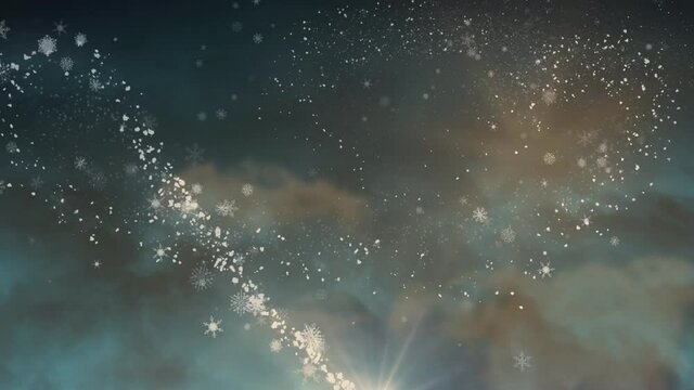 Animation of shooting star and snow falling over clouds background