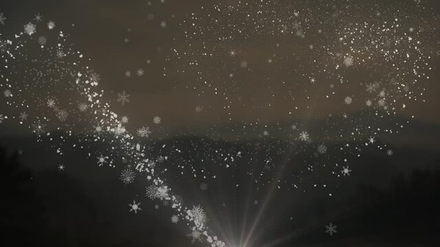 Animation of shooting star and snow falling over mountains on brown background