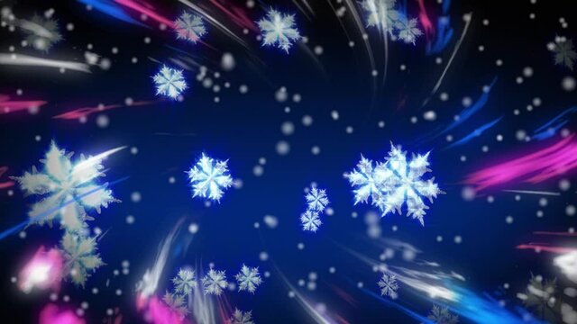 Animation of snow falling over glowing light trails in background