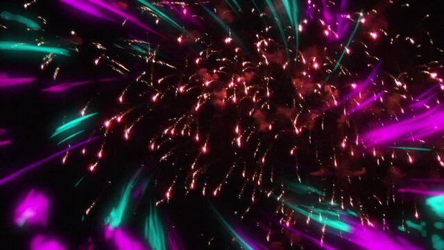 Animation of fireworks over glowing light trails in background