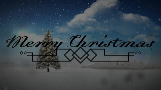 Animation of christmas greetings over decoration, christmas tree and snow falling
