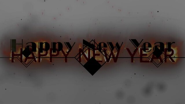 Animation of happy new year greetings in flames with decoration