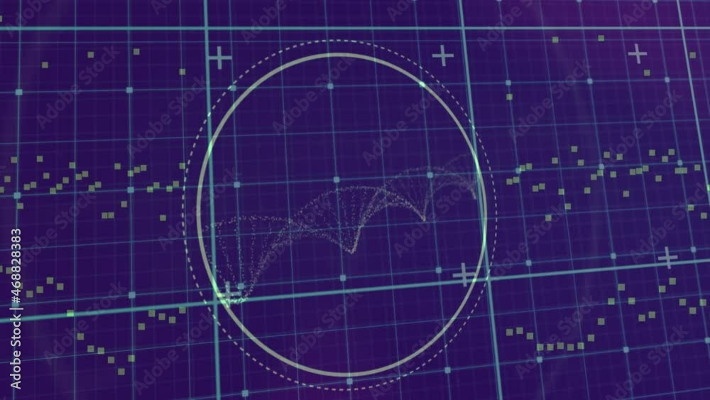 Poster animation of circular scanner and particles forming helix over processing data on grid