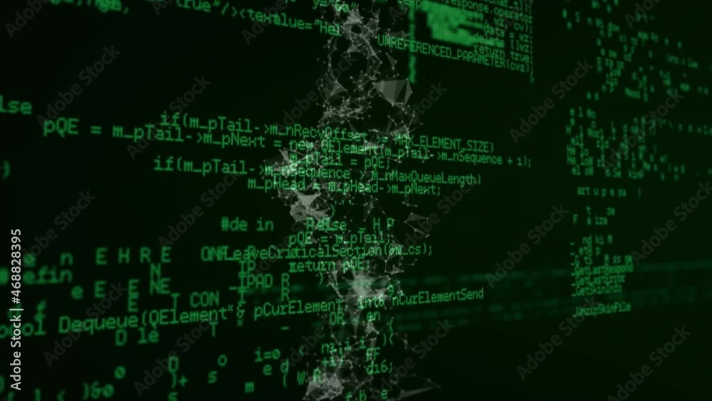 Poster animation of network of particles floating over processing data on green grid