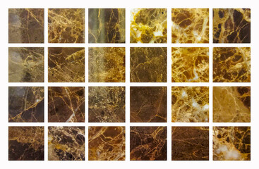 The texture of marble with square elements of fiery, yellow shades. Bright, golden, yellow and brown squares on a white background.
