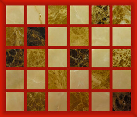 The texture of marble with square elements of yellow shades. Golden, brown and beige squares on a red background.
