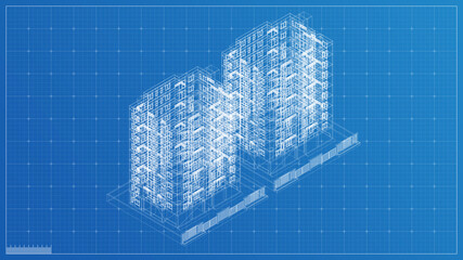 Building Blueprint illustration, 3d blueprint render, engineering blueprint with high quality 3d render