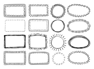 Set of hand drawn text frames. Vintage book badges, highlighters, monograms, ornaments, vignettes. Doodle thin line art vector illustration. Isolated element. Elegant decor.