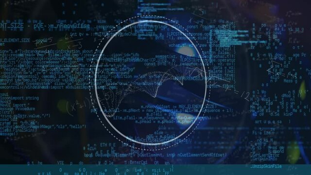 Animation of circular scanner, equations and particles forming helix over processing data