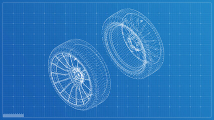 Car wheels Blueprint illustration, 3d blueprint render, engineering blueprint with high quality 3d render