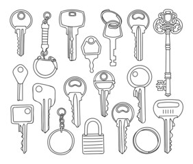 House key outline set. A sketch of an object opening a door lock, keychain ring. Hand drawn thin line art vector illustration. Isolated simple element.