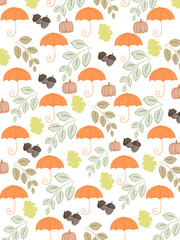 autumn print, theme autumn, seasons, pumpkin, umbrella, fallen leaves, acorn