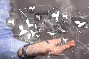 holding 3D rendering group of blue people