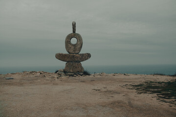 Sculpture symbolizing the unity of man and nature at Cape Tarkhankut, Crimea, Russia.