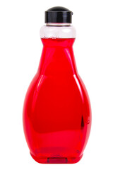 Red liquid soap in plastic bottle isolated on the white background