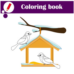 Educational game for children. Coloring book. Color the cute titmice sitting on the trough
