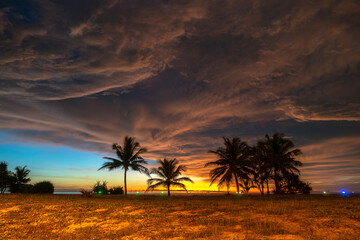 scenery sunset above coconut trees during colorful .cloud in sunset on Karon beach Phuket Thailand. .Scene of Colorful red light in the sky background.