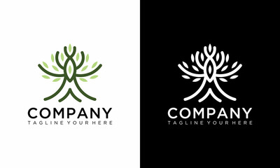tree logo icon template design. Round garden plant natural line symbol. Green branch with leaves business sign. Vector illustration.on a black and white background.