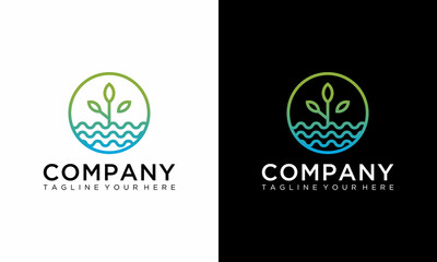 Simple modern nature logo. leaves and water. Clean linestyle logo. Vector template on a black and white background.