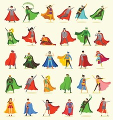 Vector illustrations in flat design of female and male superheroes in funny comics costume © virinaflora