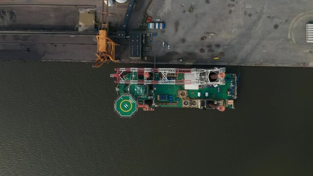 Overhead view of Liebherr Seafox 5, the biggest offshore crane moored at Esbjerg, Denmark. Seafox 5 is a four-legged unit for accommodation, construction, transportation, installation and maintenance