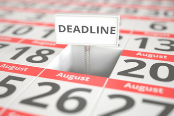 DEADLINE plate on August 19 in a calendar, 3d rendering