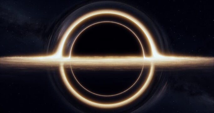 Black hole with lensing effect and accretion disk. Stars and galaxy background. Cinematic space rendering for science, technology and science fiction visualizations. High resolution 4k.