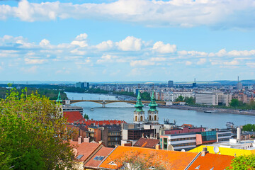 Aerial vie on Danube River and Margaret Bridge, Budapest, Hungary
