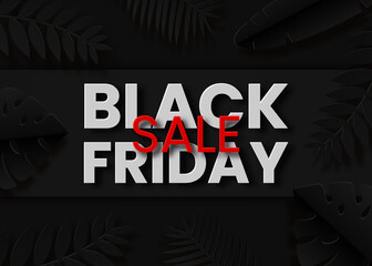 Black Friday Sale vector illustration in paper cut style with tropic leaves and black background