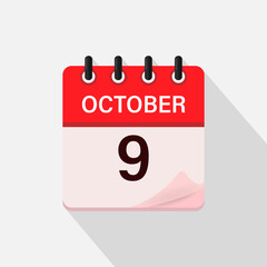 October 9, Calendar icon with shadow. Day, month. Flat vector illustration.