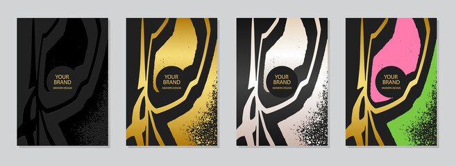 Set of cover design, vertical vector decorative templates. Geometric volumetric convex 3D pattern, collection of backgrounds in the style of minimalism, golden grunge texture.