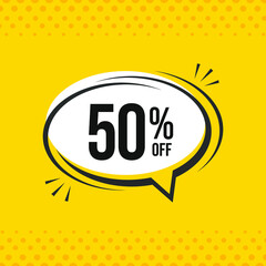 50% off. Discount vector emblem for sales, labels, promotions, offers, stickers, banners, tags and web stickers. New offer. Discount emblem in black and white colors on yello