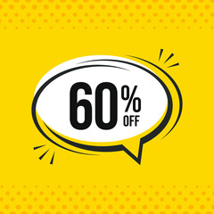 60% off. Discount vector emblem for sales, labels, promotions, offers, stickers, banners, tags and web stickers. New offer. Discount emblem in black and white colors on yello